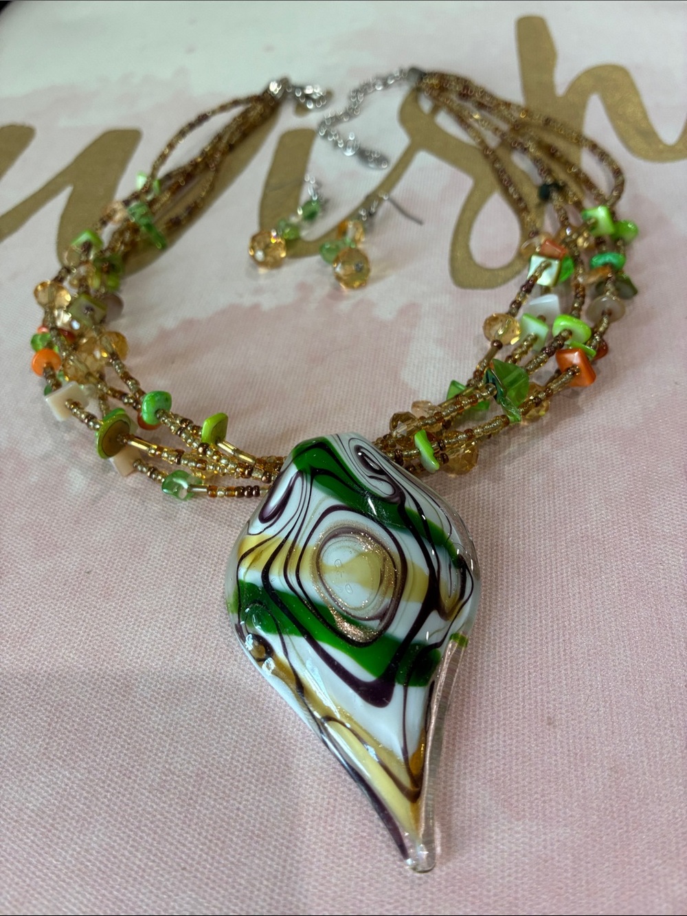 CJ Banks Green, Gold and White Swirl Glass Teardrop Necklace